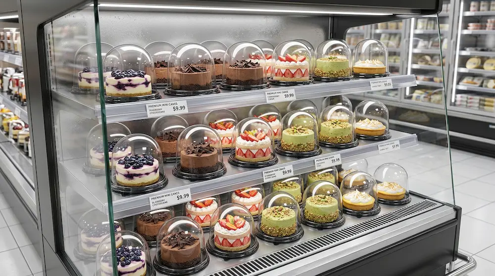 5 Inch High Dome Round Cake Container with Black Base for premium supermarket refrigerated endcap display