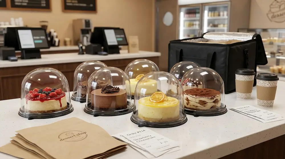 5 Inch High Dome Round Cake Container with Black Base for takeaway dessert shop counter display