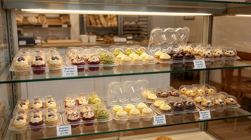 6-count cupcake container displayed in a bakery glass case with assorted cupcakes and muffins