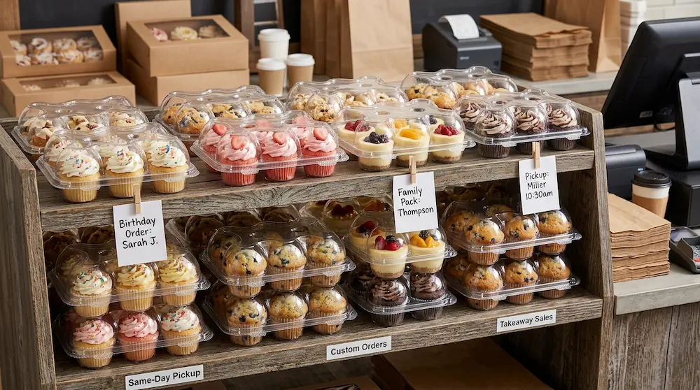 6-count cupcake container used on bakery pickup shelf for custom orders and takeaway sales