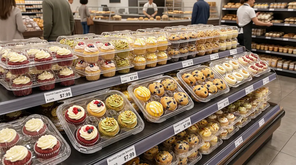 6-count cupcake container for high-volume supermarket bakery island display and retail sales