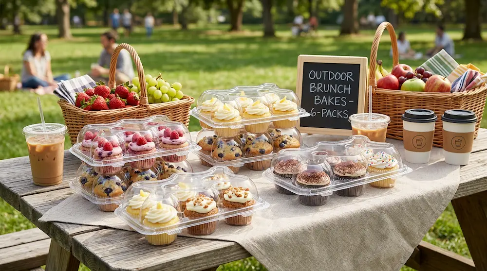 6-count cupcake container used for outdoor brunch, picnic, and bakery takeaway packs