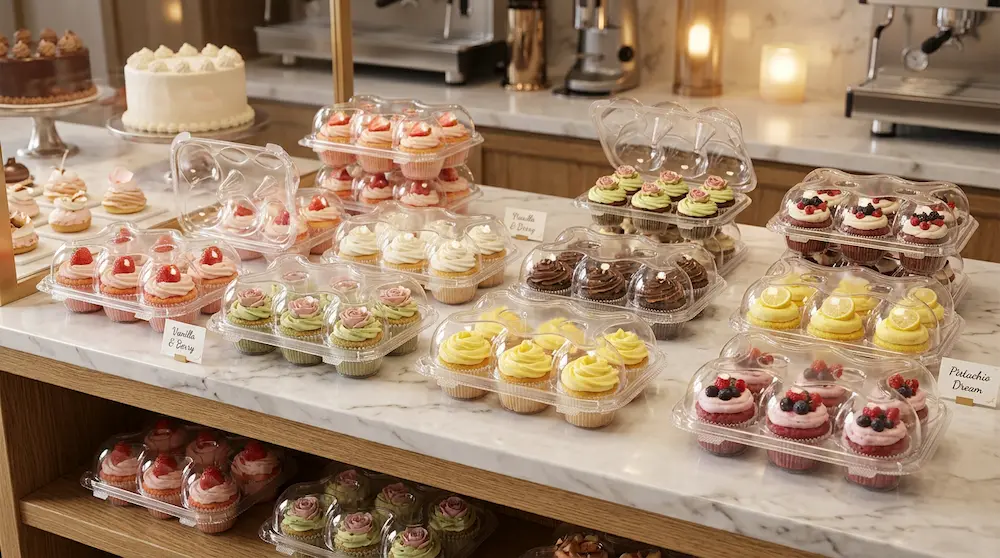 6-count cupcake container displayed on premium cake shop counter with assorted decorated cupcakes