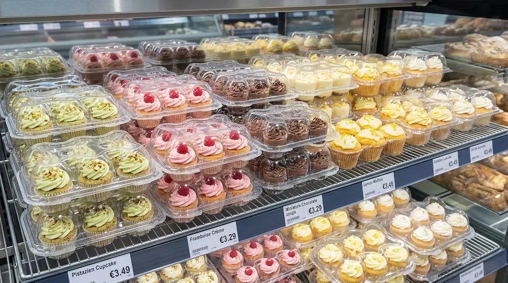 6-count cupcake container on supermarket refrigerated bakery shelf for assorted mini cupcakes
