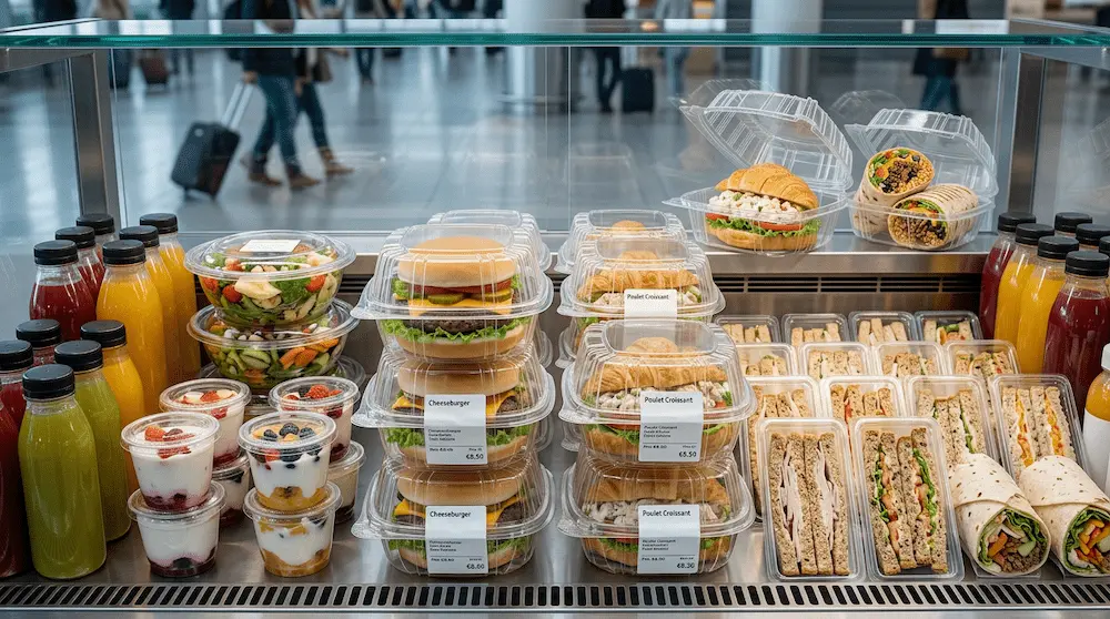 6 inch clear hinged PET plastic clamshell container for airport grab-and-go sandwiches, burgers, salads, and desserts
