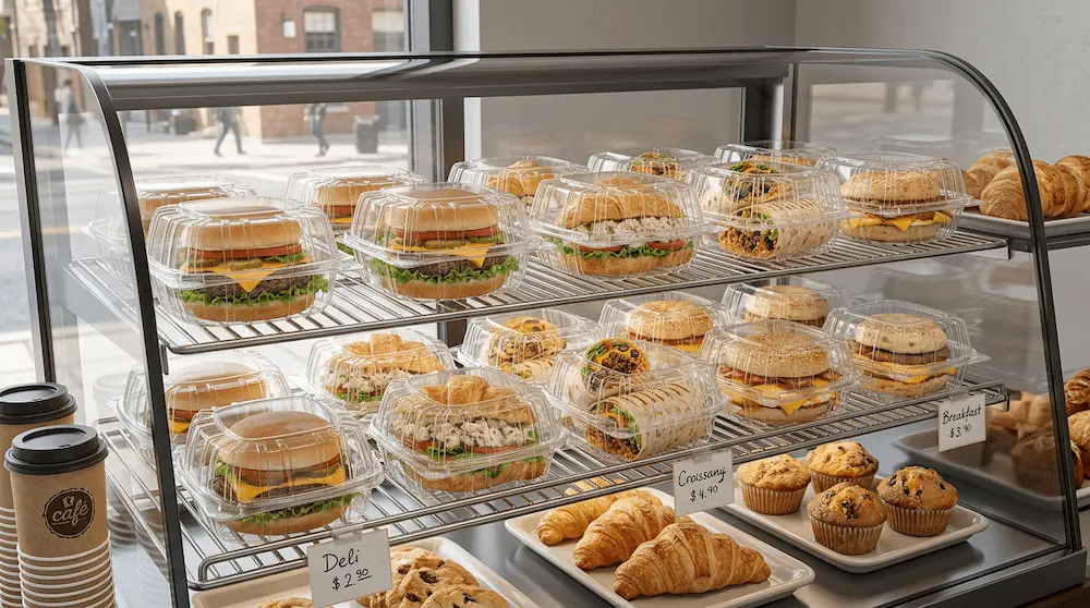 6 inch clear hinged PET plastic clamshell container for cafe sandwiches, croissants, burgers, and bakery display