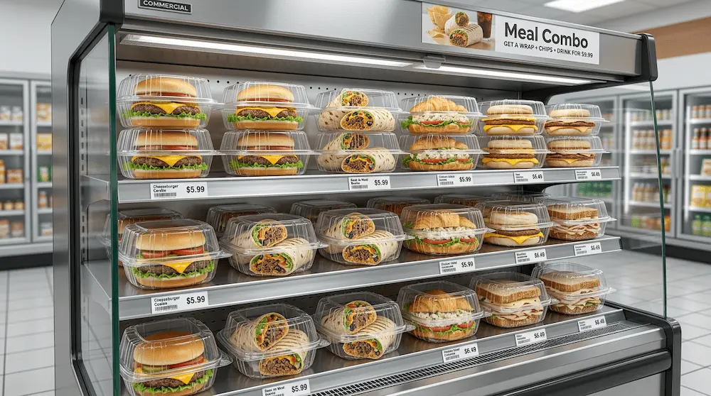 6 inch clear hinged PET plastic clamshell container for convenience store sandwiches, burgers, wraps, and meal combos