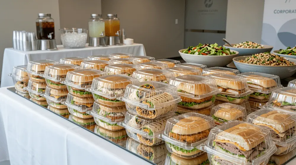 6 inch clear hinged PET plastic clamshell container for corporate catering sandwiches, wraps, burgers, and boxed meals
