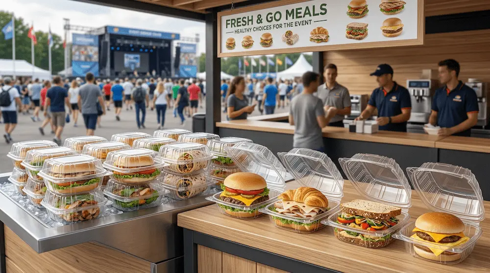 6 inch clear hinged PET plastic clamshell container for sports event burgers, wraps, sandwiches, and healthy meals