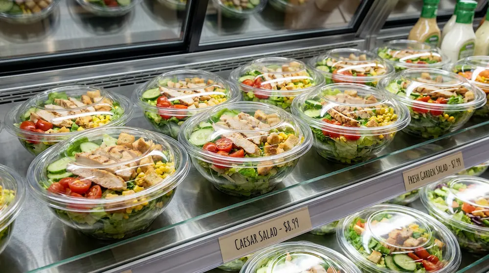 64oz PET salad bowl with clear lid for supermarket chilled salad display