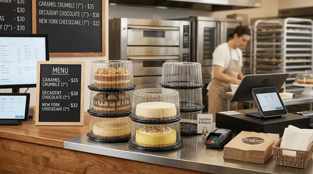 7 inch round plastic cake containers with high dome lids for bakery takeout counter