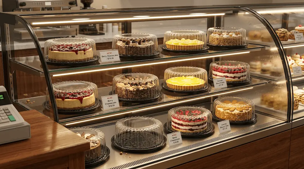 7 inch round plastic cake containers with low dome lids in bakery showcase