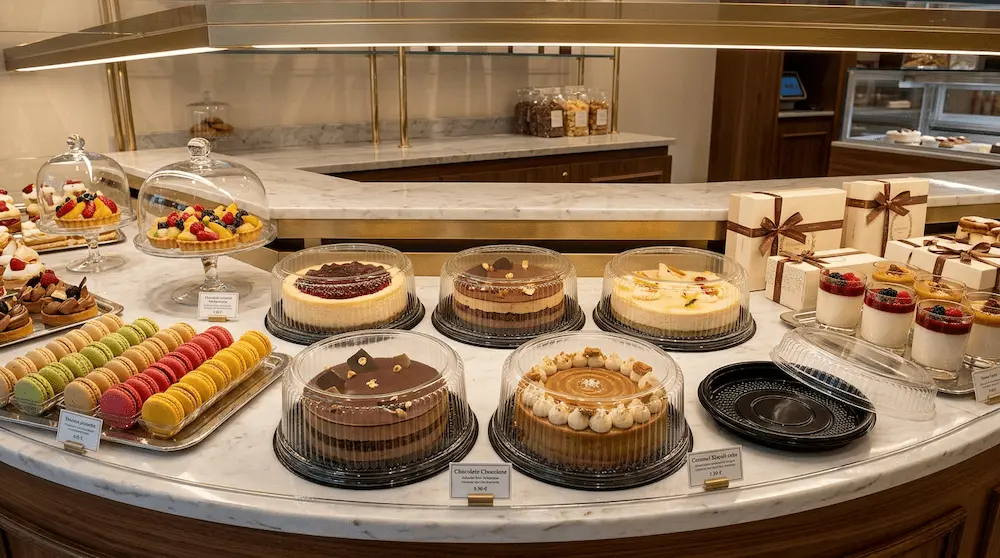 7 inch round plastic cake container with low dome lid for premium patisserie display