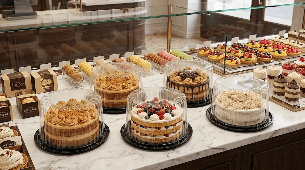 7 inch round plastic cake containers with high dome lids for patisserie counter display
