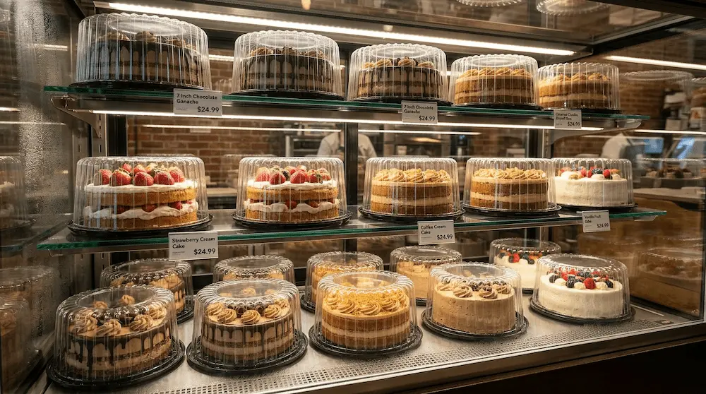 7 inch round plastic cake containers with high dome lids for premium bakery display case