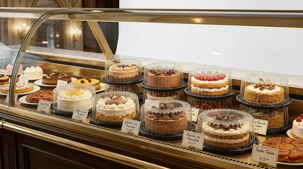 7 inch round plastic cake containers with low dome lids for French patisserie display