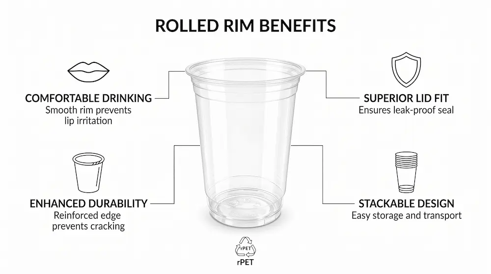 78mm 8oz 240ml clear PET rPET cold cup rolled rim benefits