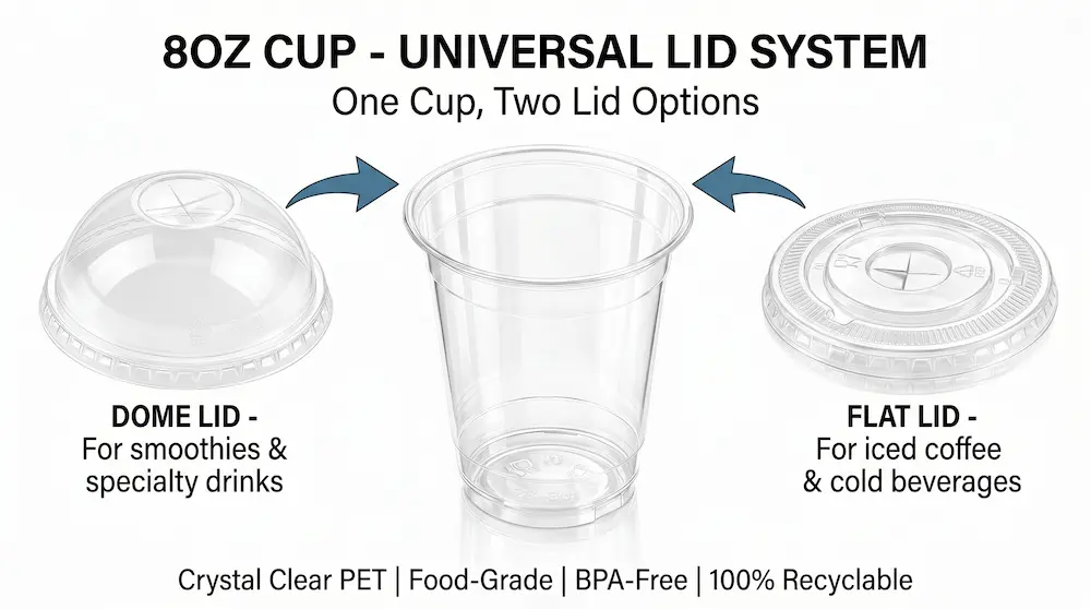 78mm 8oz 240ml clear PET rPET cold cup with universal dome and flat lid system