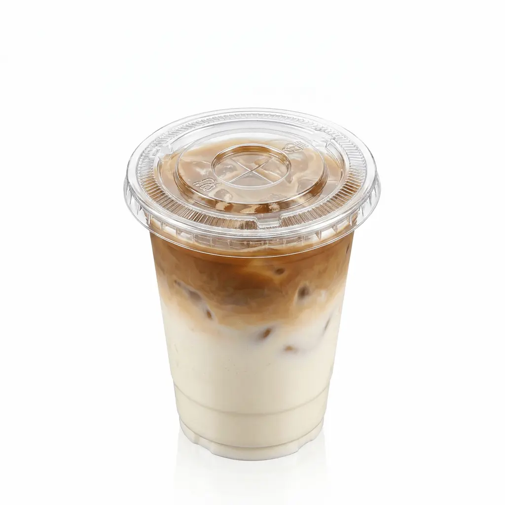 78mm-9oz-clear-pet-rpet-cold-cup-iced-latte-flat-lid 78mm 9oz clear PET rPET cold cup with iced latte and flat lid