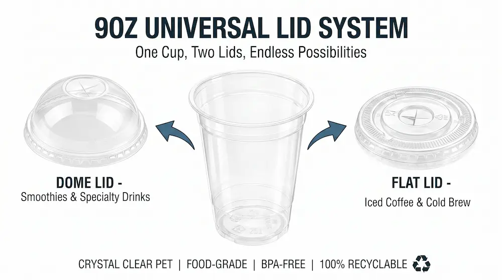 78mm 9oz clear PET rPET cold cup universal lid system with dome and flat lids
