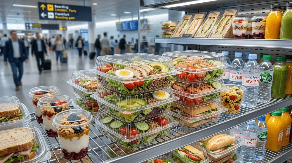 7in clear hinged PET plastic clamshell containers for airport grab-and-go salads, sandwiches, fruit cups, and ready meals