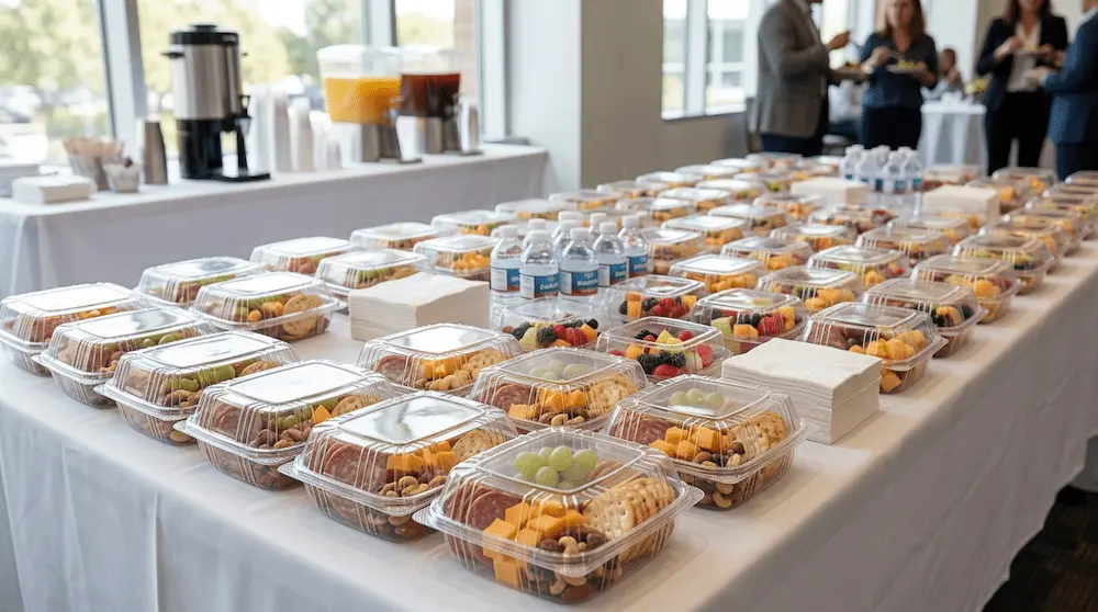 7in clear hinged PET plastic clamshell containers for corporate catering lunches, snack boxes, fruit trays, and deli packs