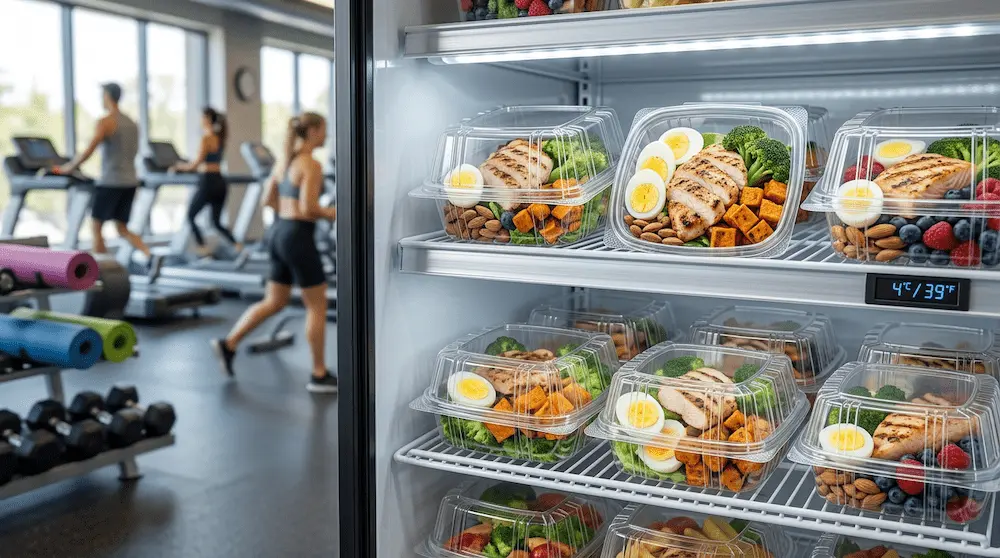 7in clear hinged PET clamshell containers for fitness meal prep, protein salads, chicken meals, and healthy snack packs