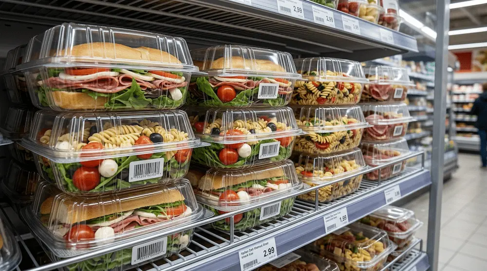 7in clear hinged PET plastic clamshell containers for supermarket salads, deli meals, sandwiches, and pasta portions