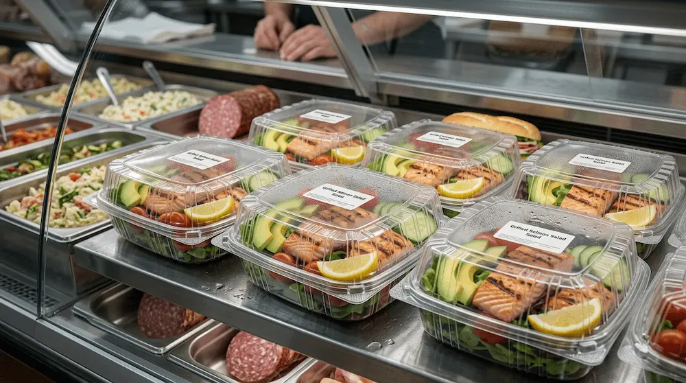 7in clear PET hinged clamshell containers for deli salads, grilled chicken meals, avocado salads, and prepared food display