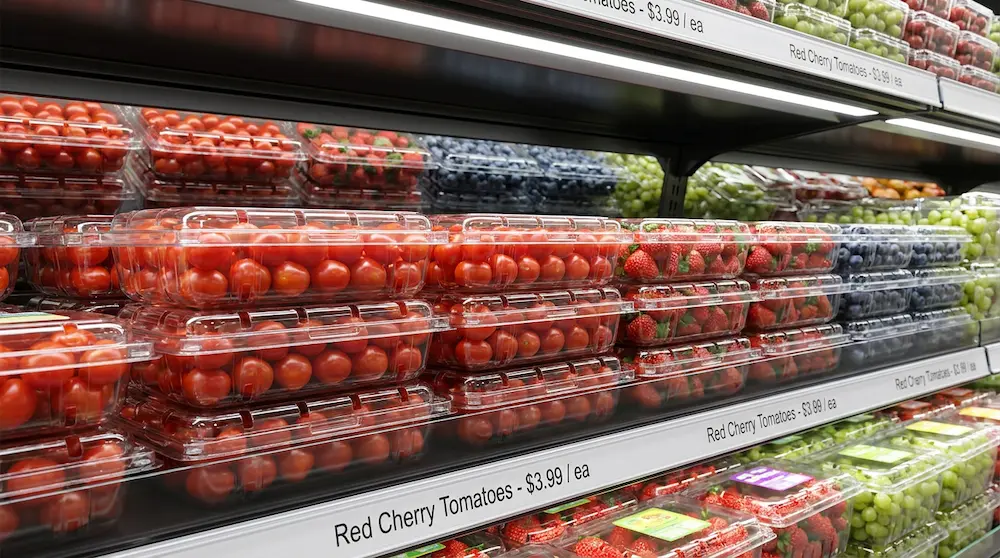 8.8oz vented PET clamshell boxes used for cherry tomatoes and fresh produce retail packaging
