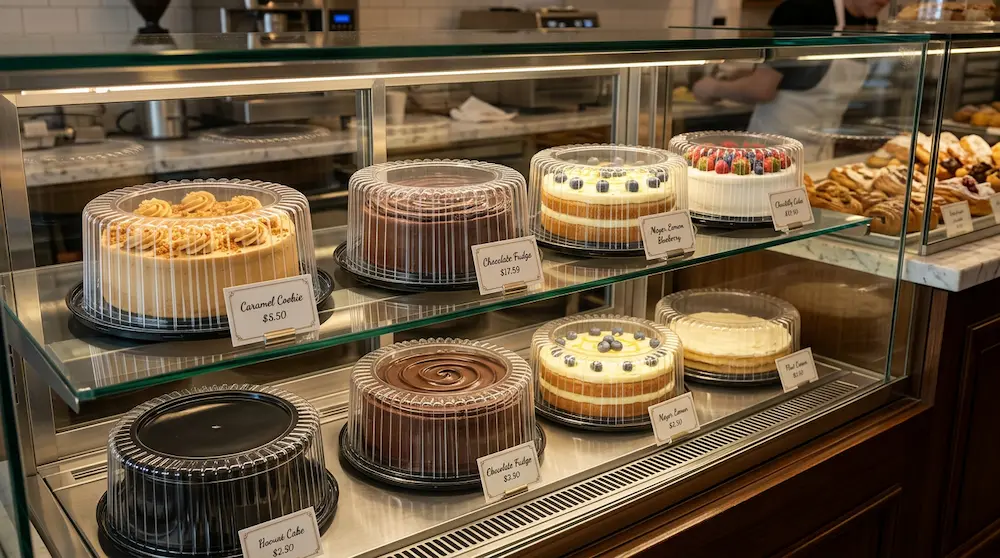 8 inch round plastic cake containers displayed in a bakery showcase with assorted cakes