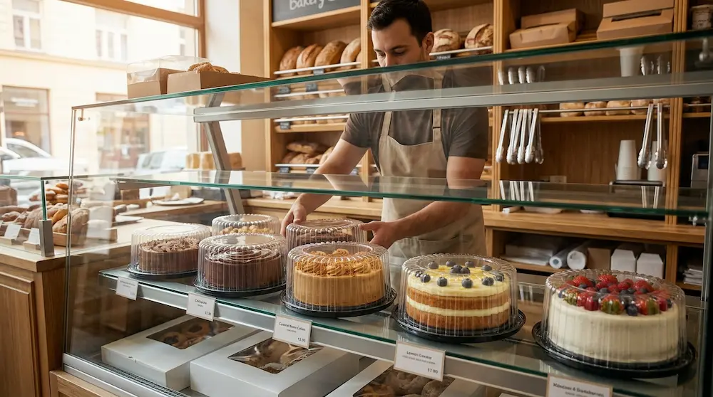 Bakery staff arranging 8 inch round plastic cake containers in a retail display case
