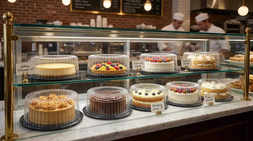 8 inch round plastic cake container display in a premium European bakery shop