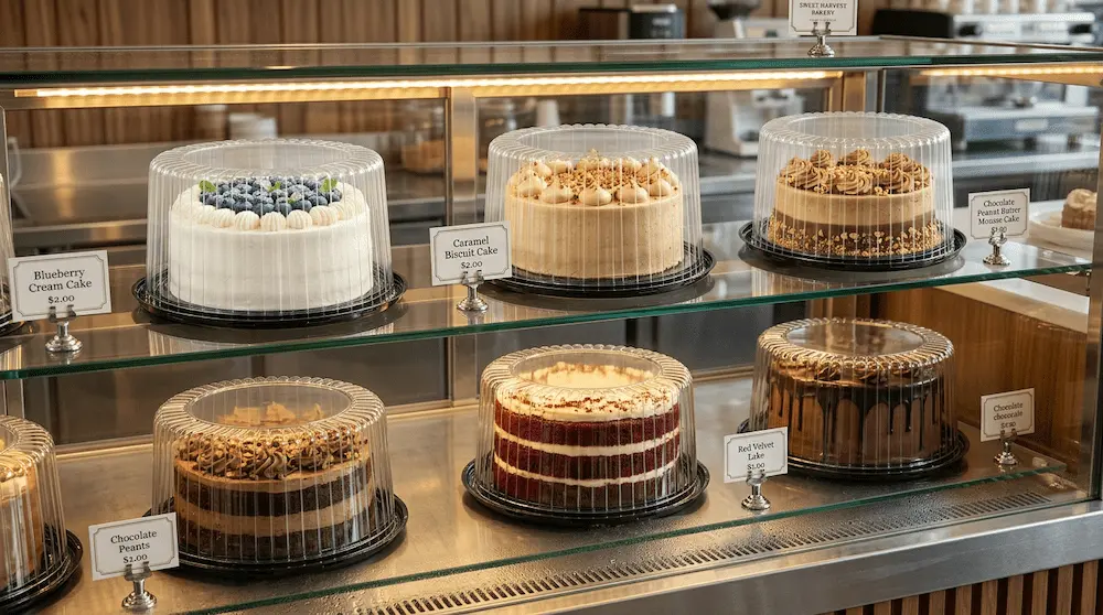 8 inch round plastic cake containers with high dome lids in American bakery showcase