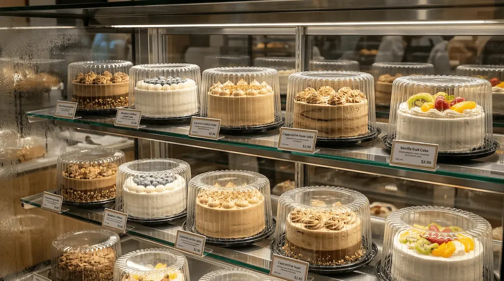 8 inch round plastic cake container with high dome lid for premium bakery wall display