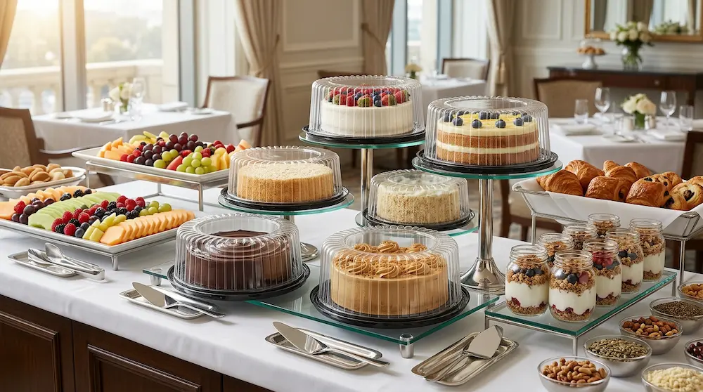 8 inch round plastic cake containers used for hotel buffet dessert presentation