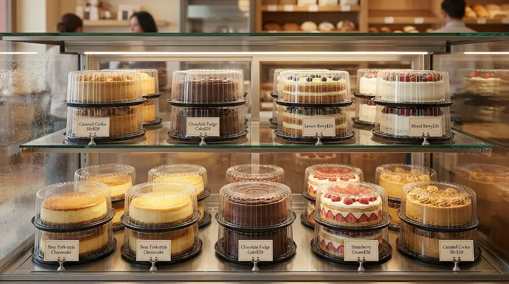 Stacked 8 inch round plastic cake containers in a bakery refrigerated display cabinet