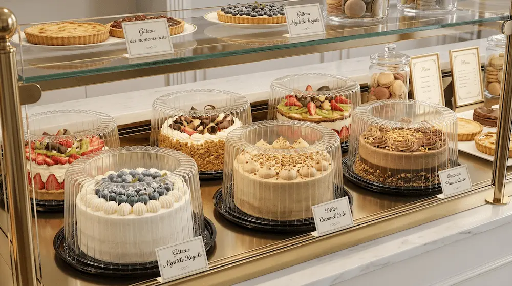 8 inch round plastic cake containers with high dome lids for French patisserie display
