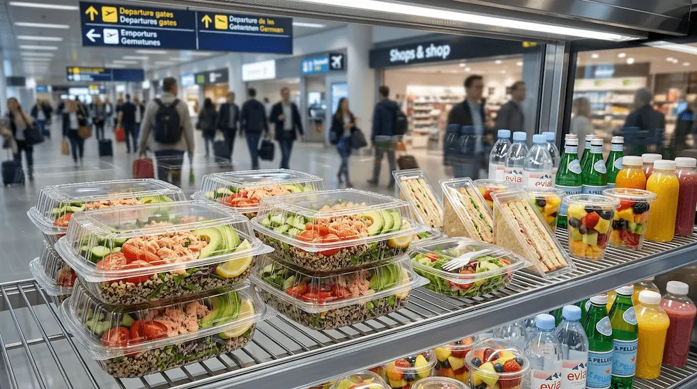 8in clear hinged PET plastic clamshell containers for airport grab-and-go salmon salad packaging