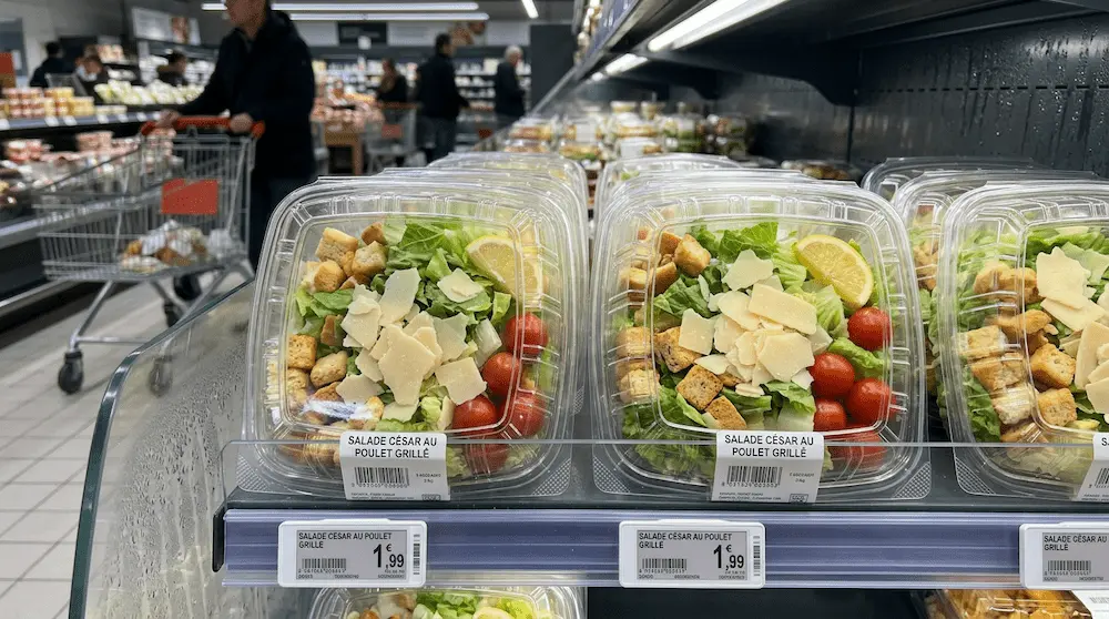 8in clear hinged PET plastic clamshell containers for supermarket Caesar salad display