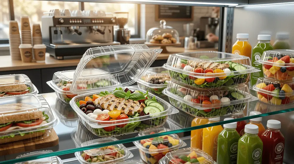 8in clear hinged PET plastic clamshell containers for cafe pasta salad and deli food display