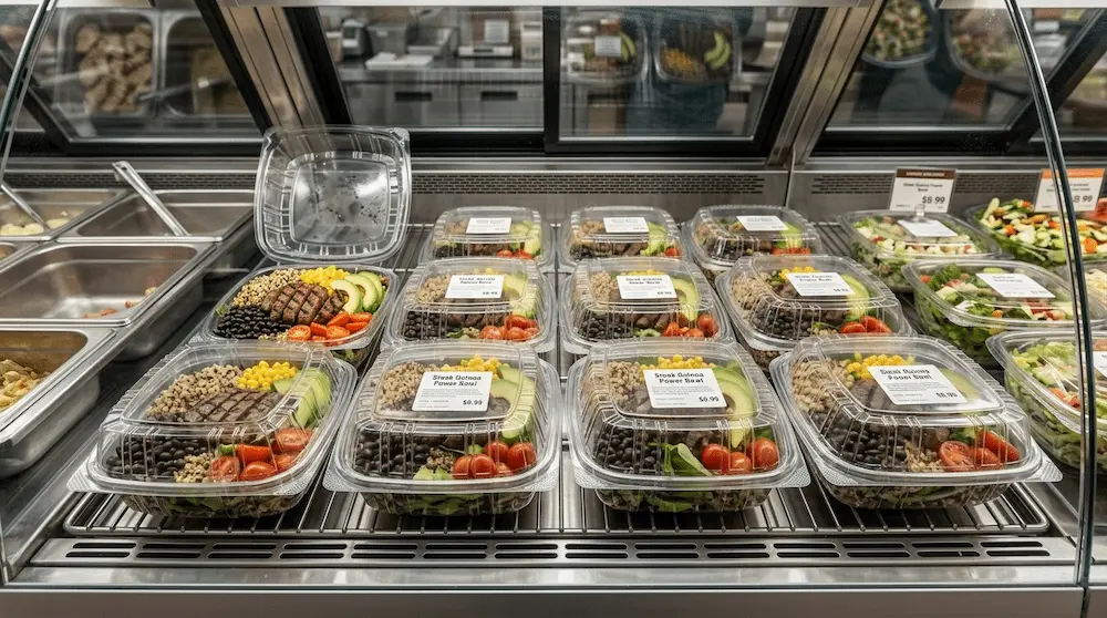8in clear hinged PET plastic clamshell containers for deli steak bowl and prepared meal packaging