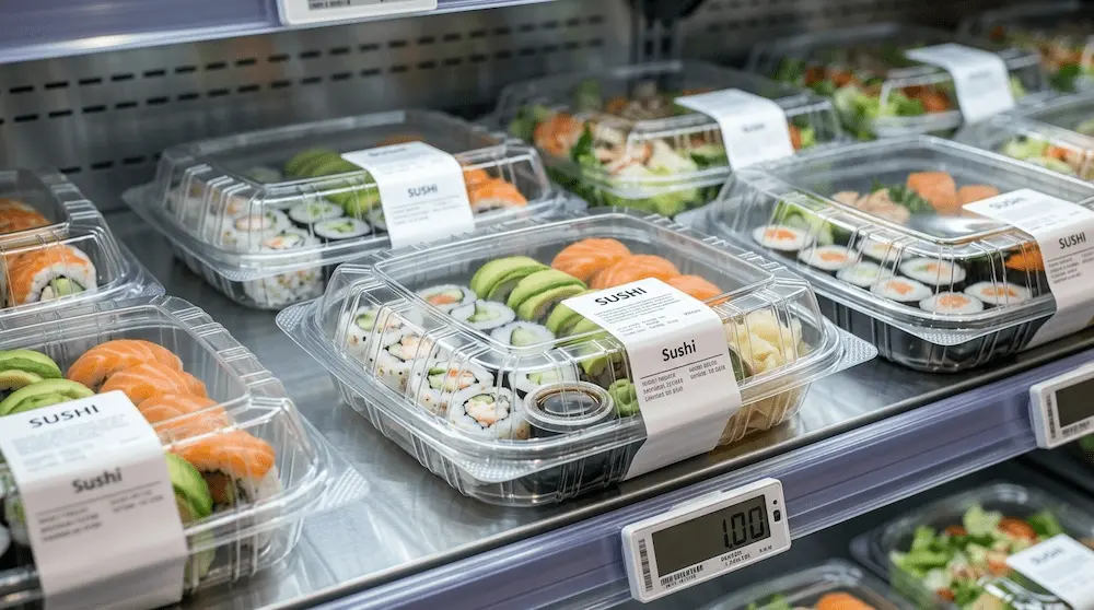 8in clear hinged PET plastic clamshell containers for sushi retail packaging display