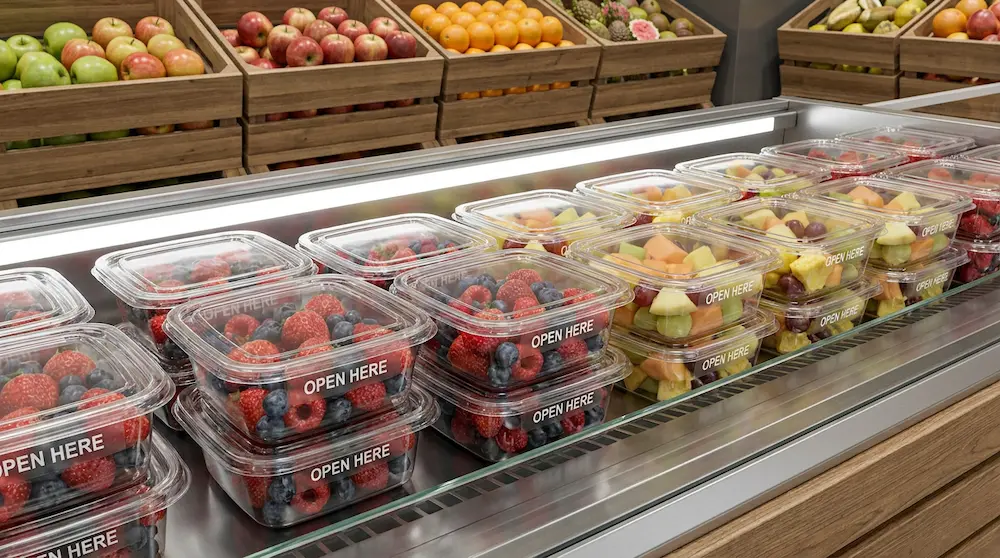 8oz clear square rPET tamper-evident fruit containers for berry and fresh fruit retail packaging