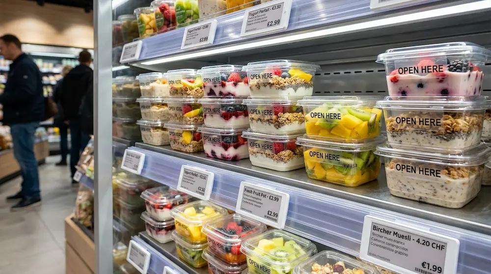 8oz clear square rPET tamper-evident containers for chilled fruit, yogurt and muesli cups