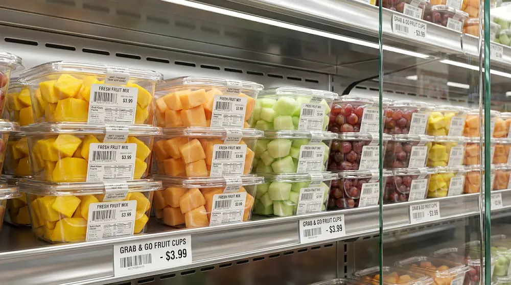 8oz clear square rPET tamper-evident food containers for grab-and-go fruit cups in grocery display