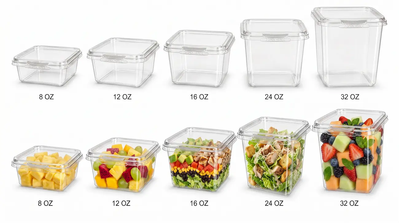 8OZ to 32OZ Clear Square PET Tamper Evident Containers size comparison with empty and filled food packaging