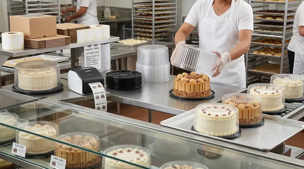 Bakery worker packing a cake in a 9 inch round plastic cake container with high dome lid