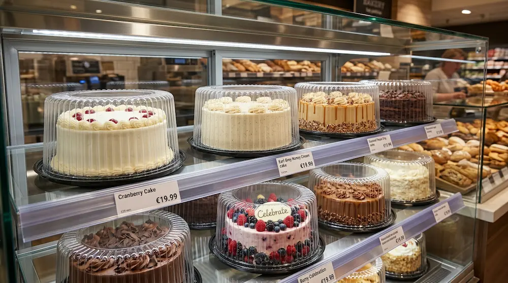 9 inch high dome cake containers displayed in a neighborhood bakery case