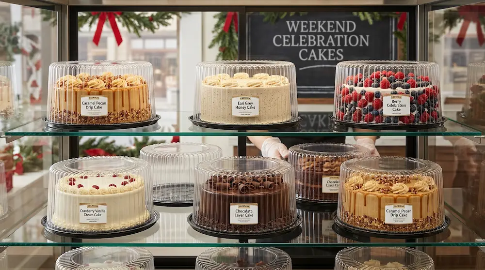 9 inch round cake containers with high dome lids used for holiday bakery cake display